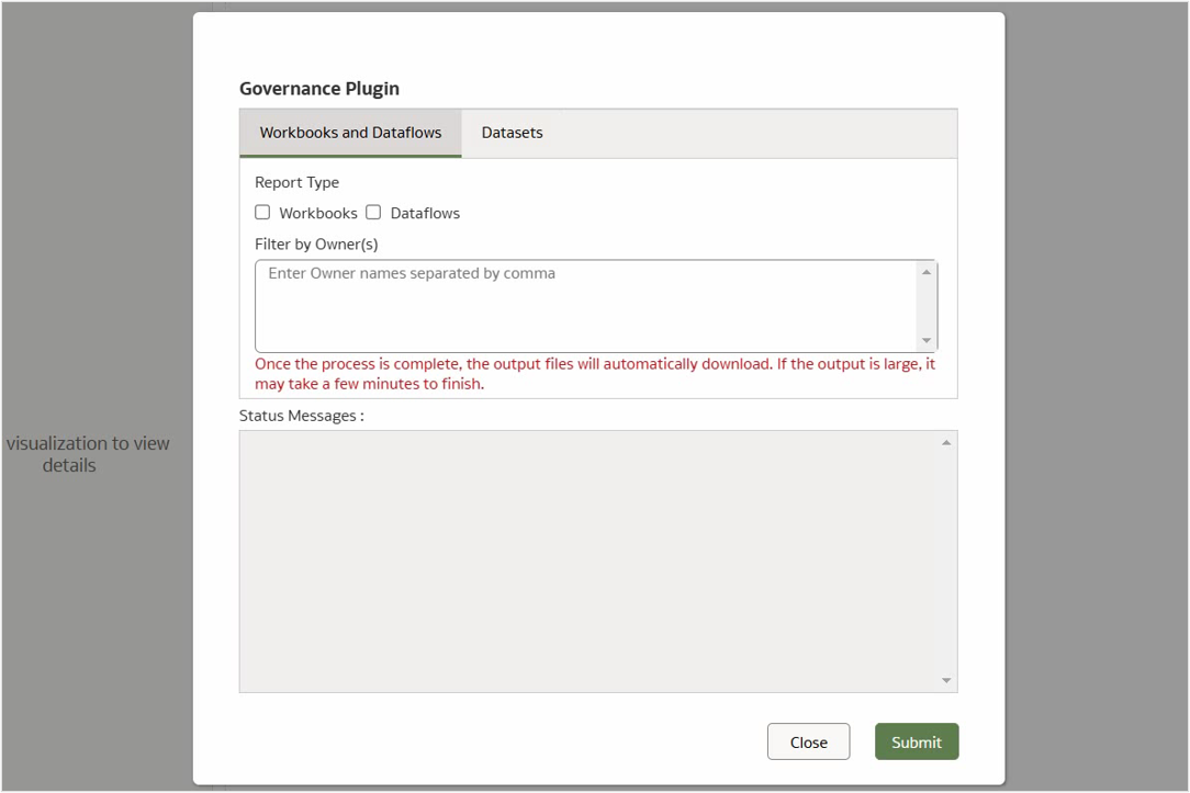 Governance Plugin Workbooks and Dataflows dialog