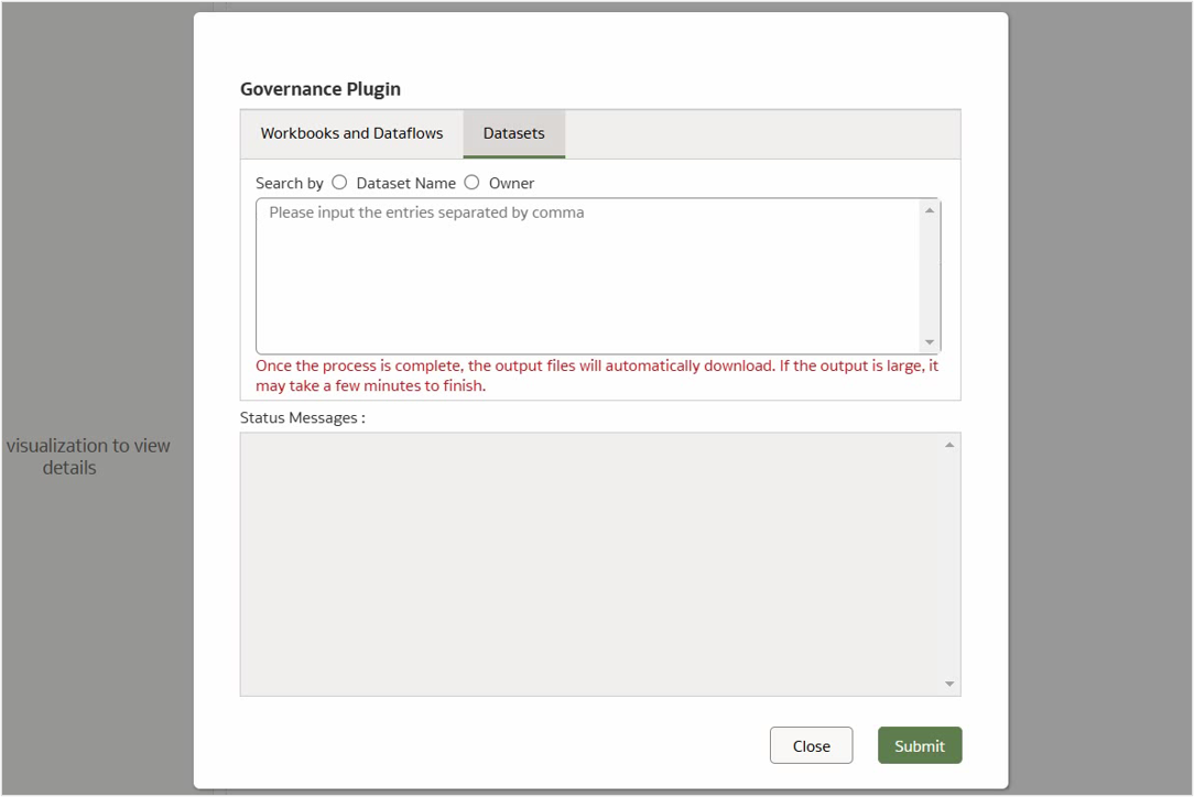 Governance Plugin Datasets dialog