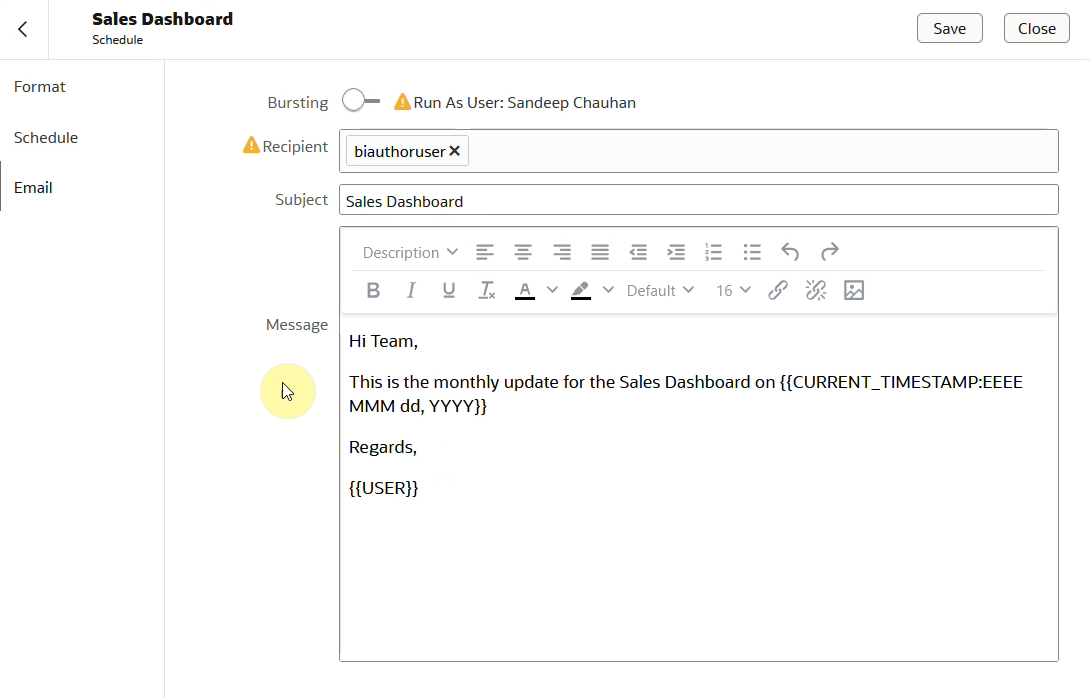 Workbook email scheduling using system variables