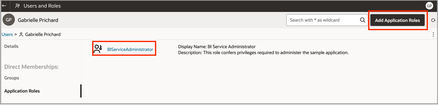Users and roles section of OAC console displaying BIServiceAdministrator role