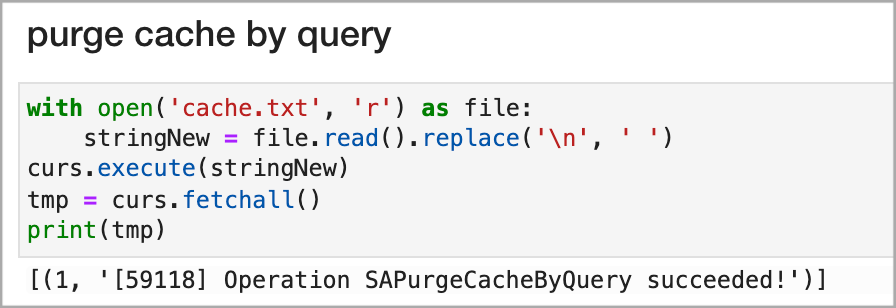 Sample notebook cell for purging cache by query