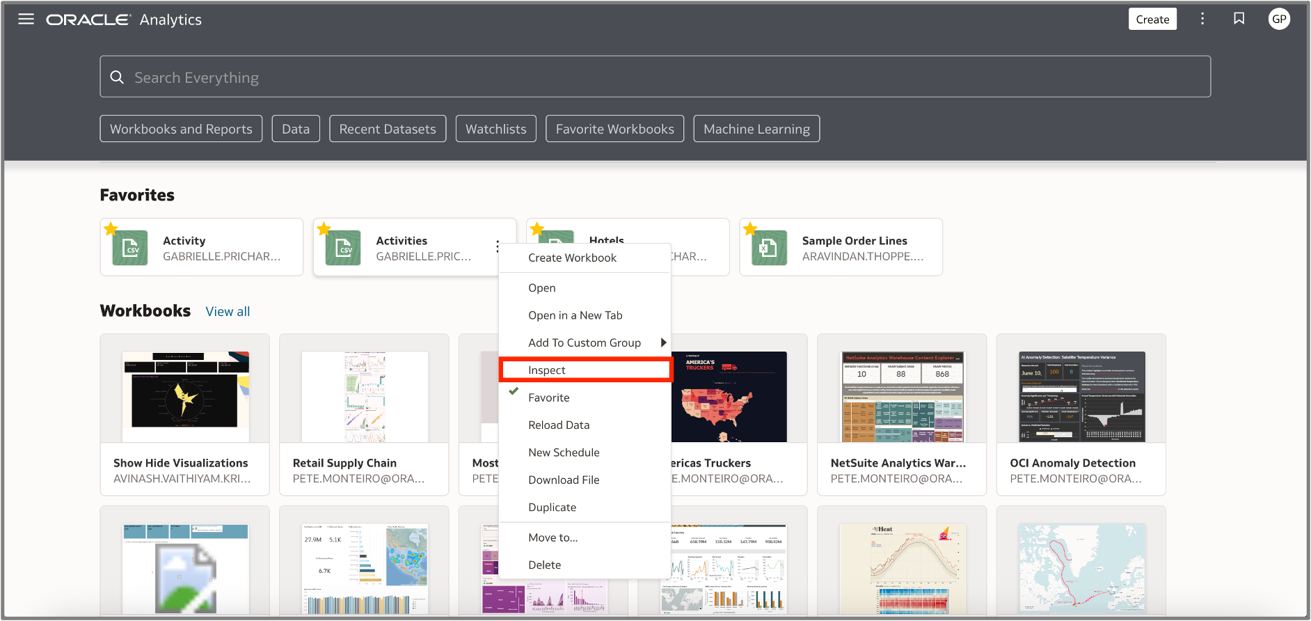 Oracle Analytics Home page with Inspect dataset menu