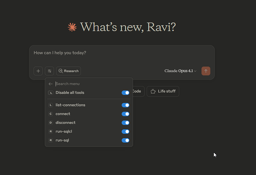 SQLcl MCP Server offered tools