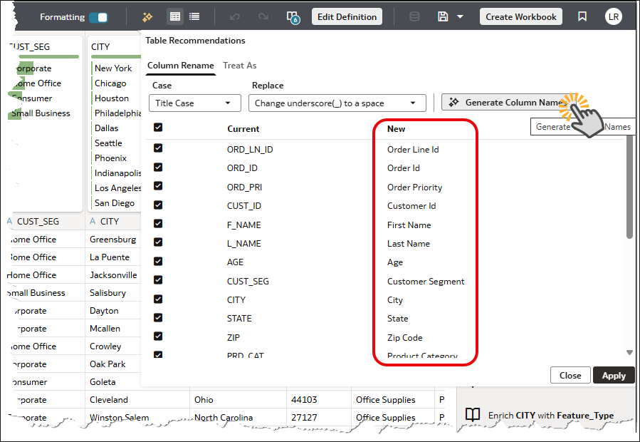 Built-in AI Assisted Column rename expands abbreviations into full, descriptive terms while preserving well-known short forms. 