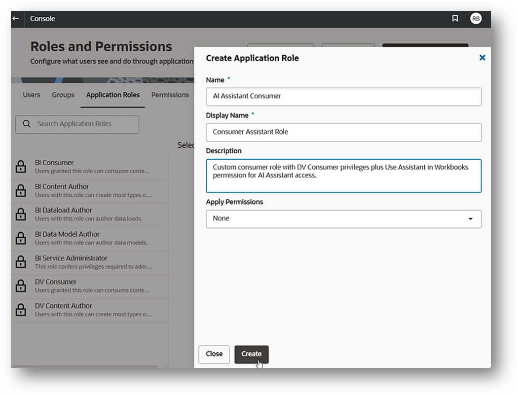 Create Application Role dialog