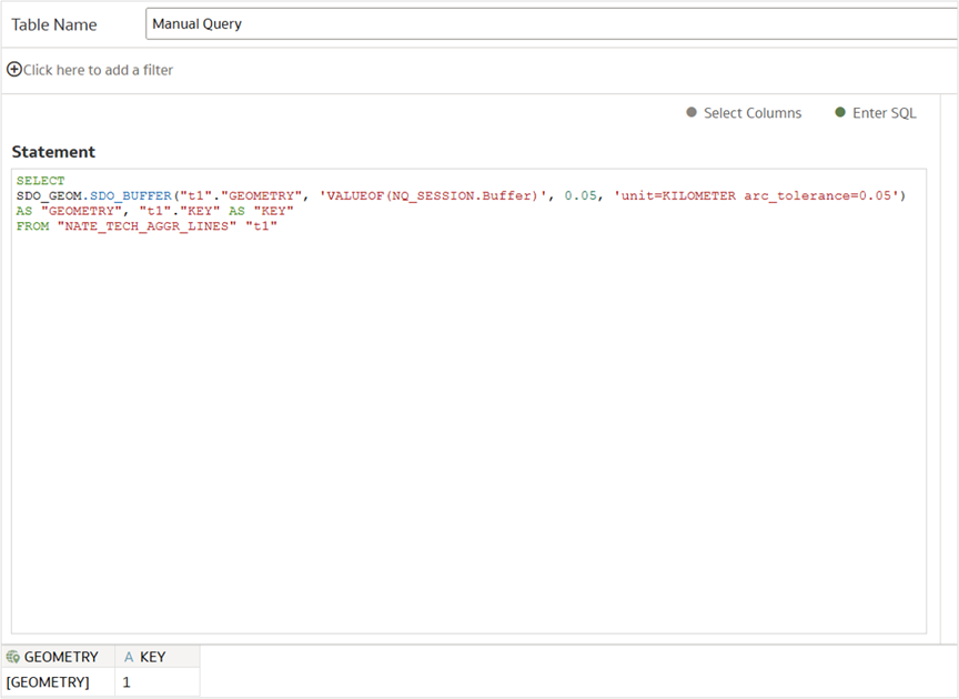 Figure 2: Spatial SQL using session variable used as a data set.