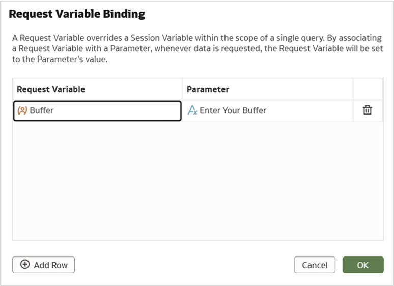 Figure 4: Binding the session variable Buffer to the workbook parameter Enter Your Buffer.