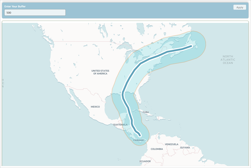 Figure 6: User enters a value of 500 in the dashboard filter, it overrides the default value of 100, and draws a dynamic buffer of 500 kilometers around the storm path.
