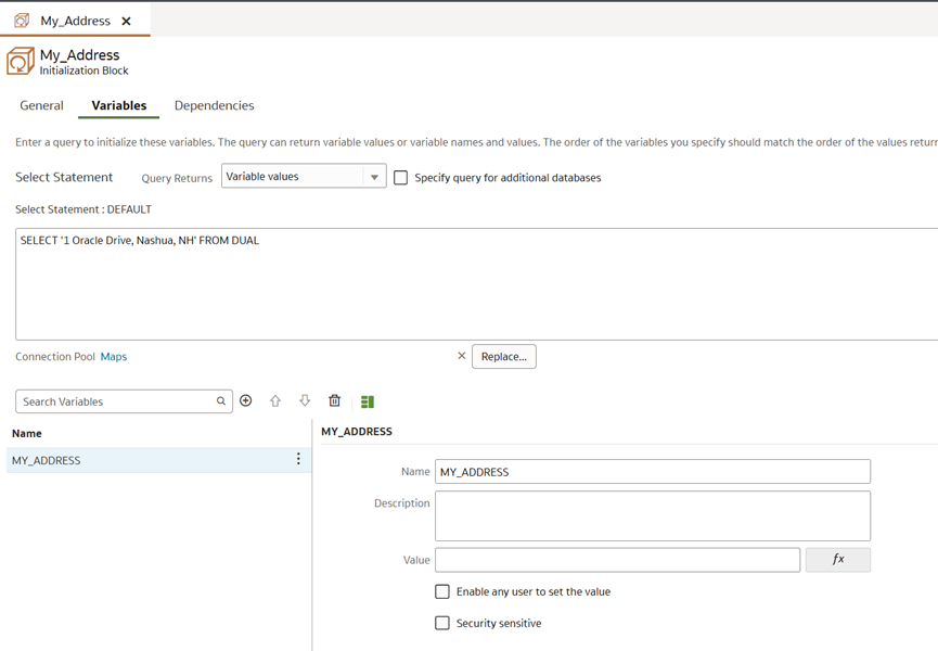 Figure 1: The session variable called MY_ADDRESS in the semantic model created to override the default input for Address.