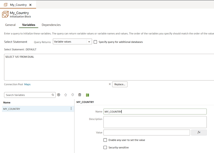 Figure 2: The session variable called MY_COUNTRY shown in the semantic model to override the user input for Country.