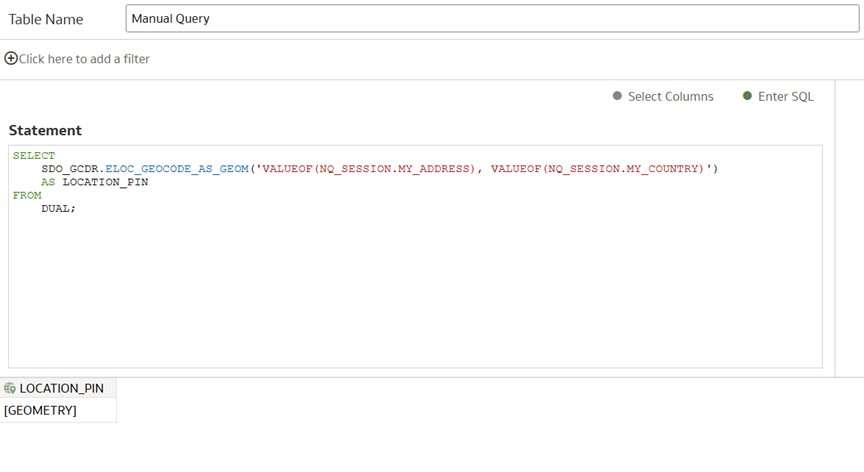 Figure 3: Spatial SQL with session variable defined as a dataset in Oracle Analytics. This returns the geometry of the location using the reference column LOCATION_PIN from the SQL.