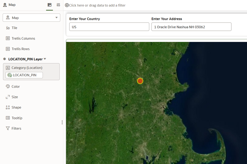 Figure 6: Map rendering of the geocoded location with default input for MY_COUNTRY and MY_ADDRESS. MapBox Satellite Map Background is used in the map visualization.
