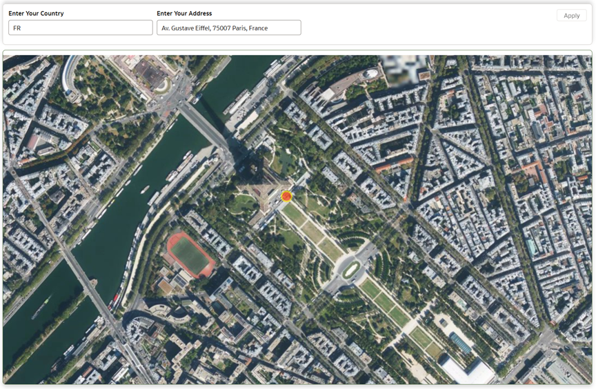 Figure 7: Map rendering of the location of the Eiffel Tower in France based on dynamic user input through the dashboard filter controls. MapBox Satellite Map Background is used in the map visualization.