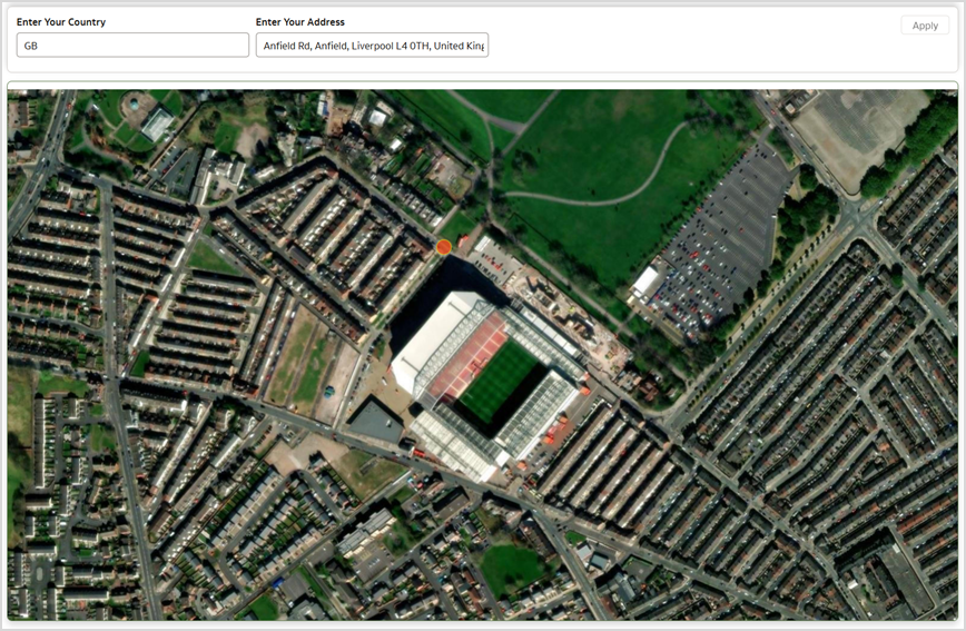 Figure 8: Another example where the user input is changed from Eiffel Tower to Liverpool FC’s stadium, Anfield in the UK. ARCGIS World Imagery Satellite map background is used in the map visualization.