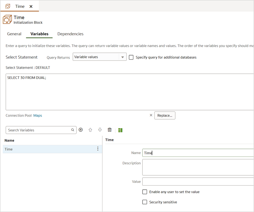 Figure 3: The session variable Time in the semantic model created to override the default drive time.