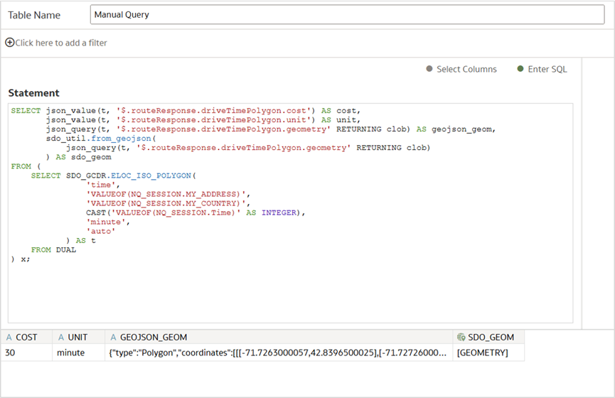Figure 4: Spatial SQL to generate the geometry for a drive-time polygon based on the three session variables.