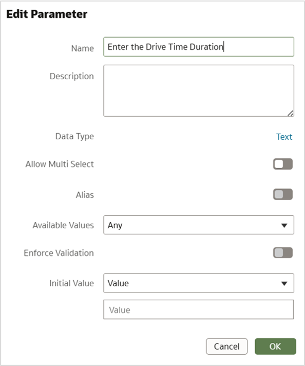 Figure 5: A workbook parameter called Enter the Drive Time Duration for entering the preferred time.