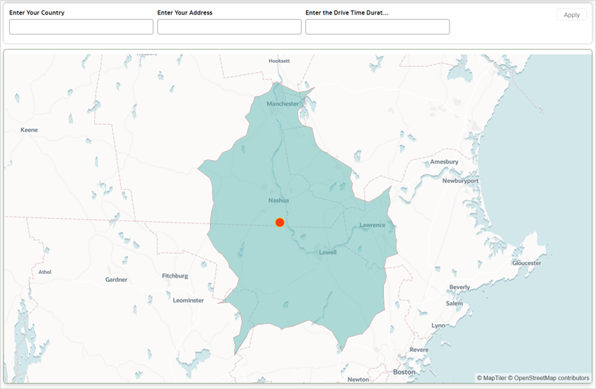 Figure 7: Map visualization showing the drive-time polygon based on the default values for the three session variables.