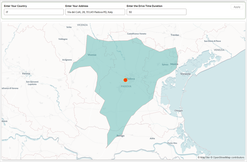 Figure 8: Map visualization showing an address in Padova, Italy based on dynamic user input through the dashboard filter controls.
