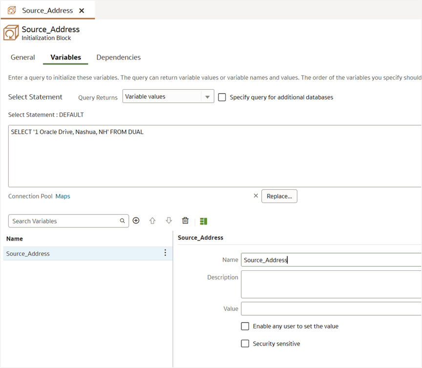 Figure 1: The session variable Source_Address in the semantic model to override the default source address.