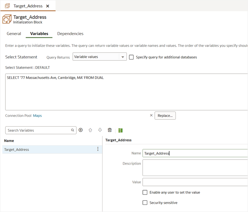 Figure 2: The session variable Target_Address in the semantic model to override the default target address.