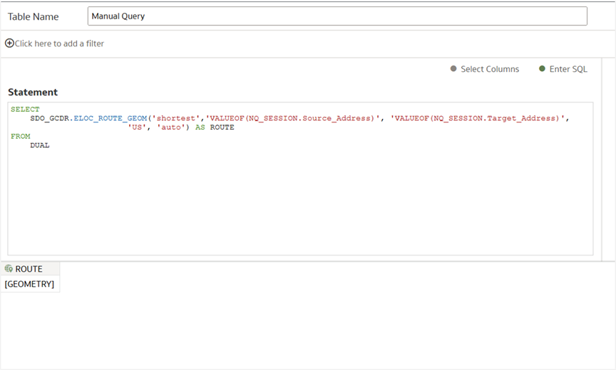 Figure 3: Spatial SQL for finding the preferred route between a source and target location.