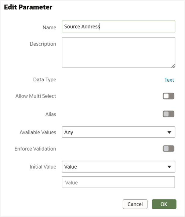 Figure 4: A workbook parameter called Source Address for entering the source address.