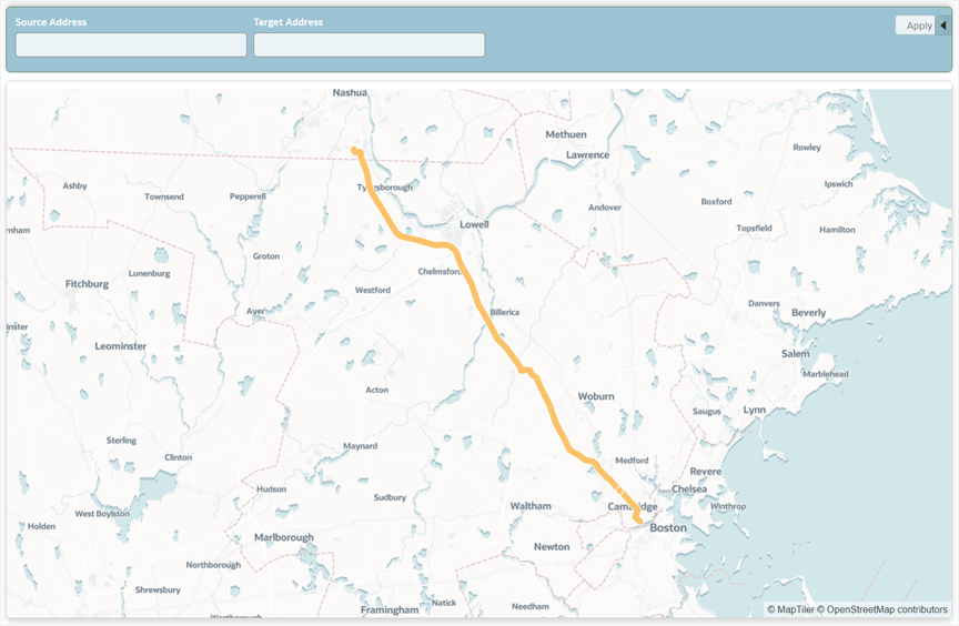 Figure 6: Map visualization showing the shortest path between two locations using the default value of the session variables.