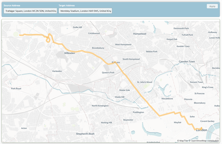 Figure 7: Map visualization showing the dynamic routing between Trafalgar Square and Wembley Stadium from the UK based on user input.