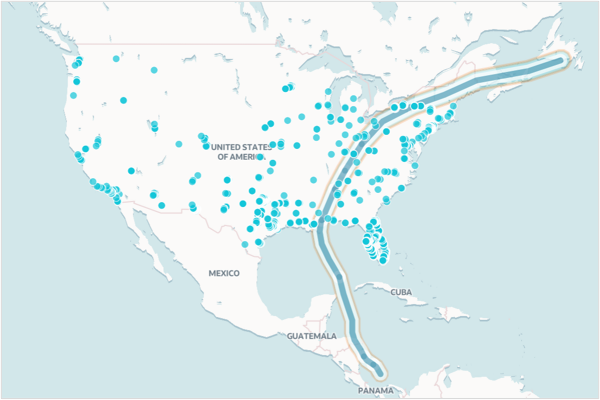 Figure 1: Points, lines, and polygons representing the customer locations, storm path, and risk zone on the same map.