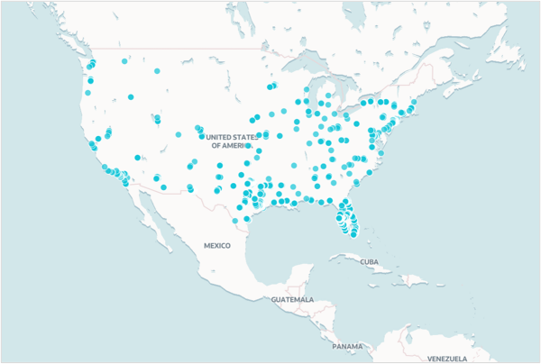 Figure 2: Latitude and longitude pairs for customer locations converted to point geometry.