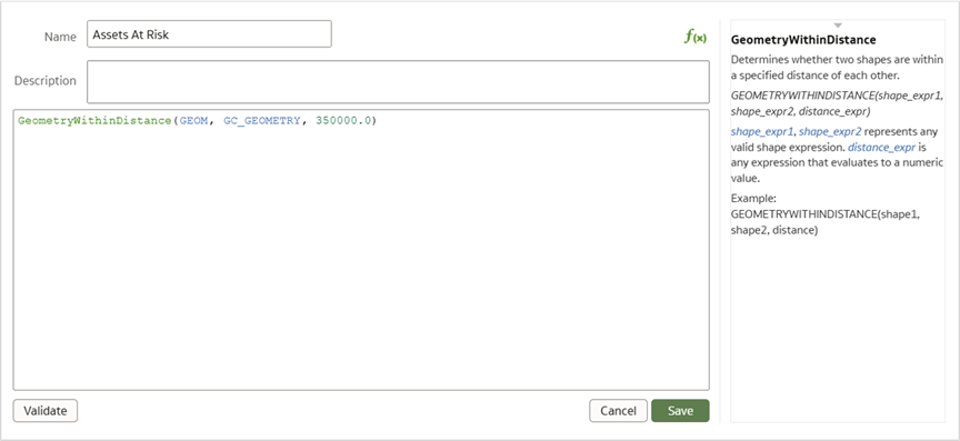 Figure 6: Spatial calculation GeometryWithinDistance used to identify customer assets at risk within a range of 350 km of the Storm Path.