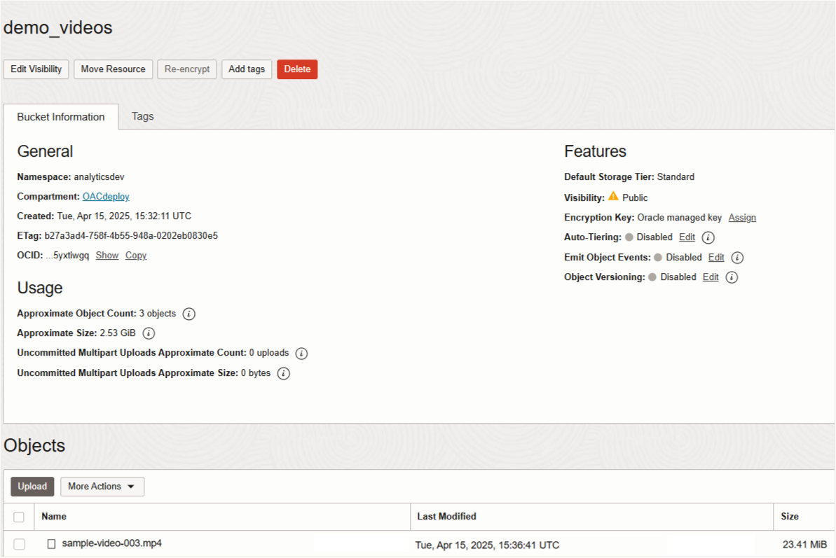 OCI Bucket where video file is uploaded.