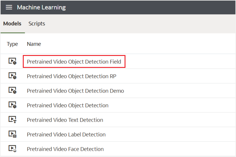 Registered Video model listed in Machine Learning page under Models tab .