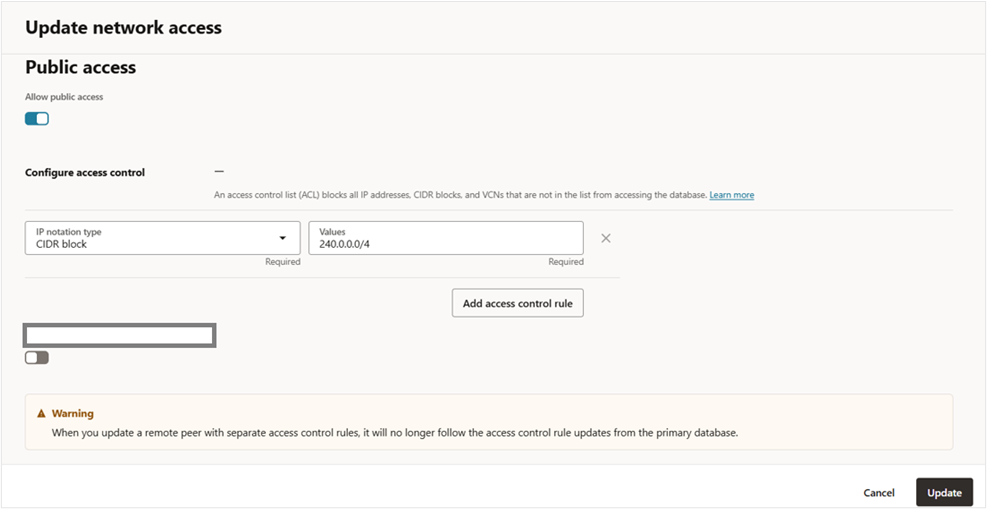 An image showing Update network access page of the ADB.