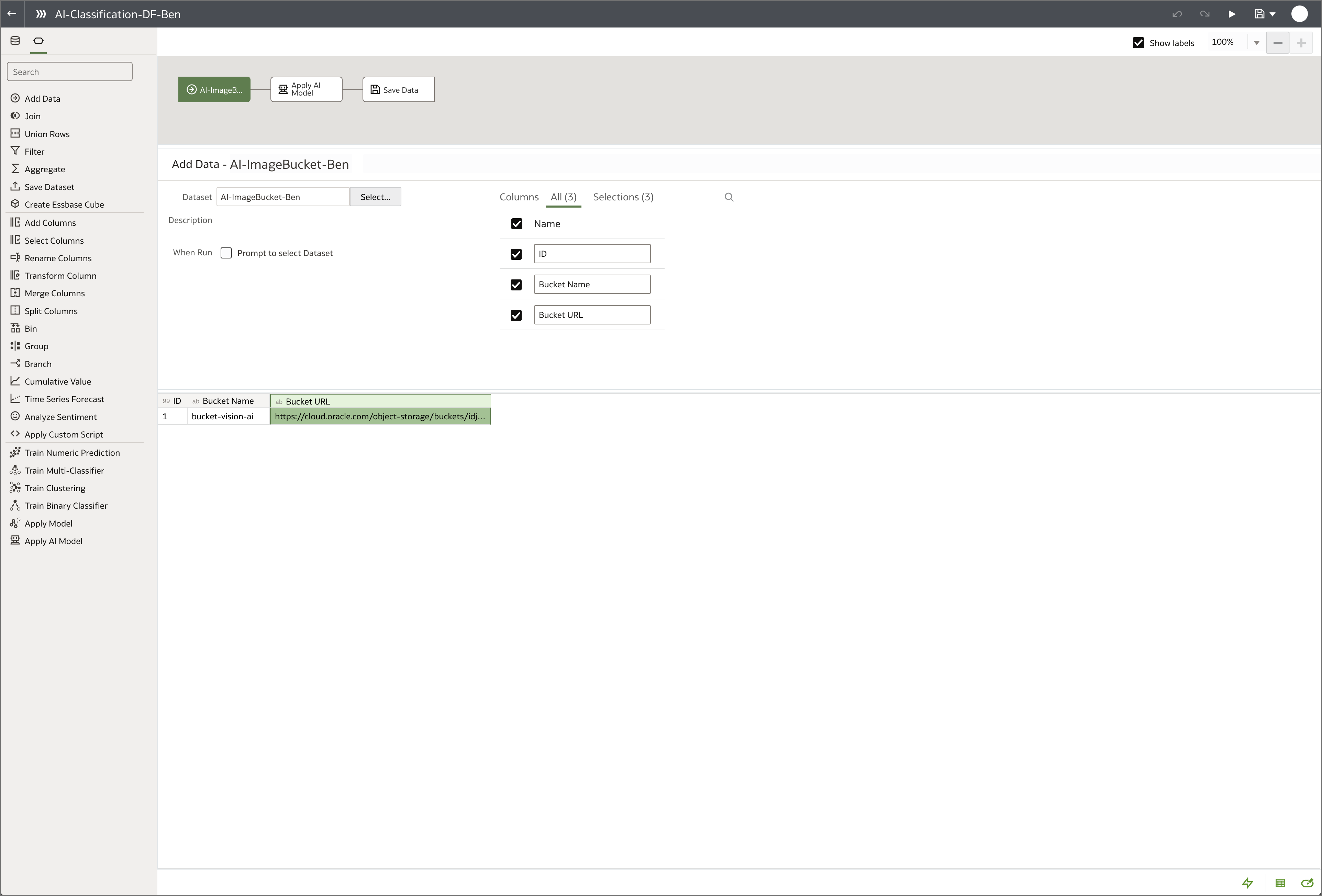 Data Flow in Oracle Analytics showing how to apply an AI model from OCI