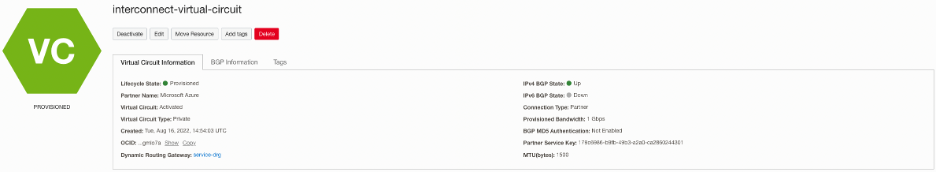 A screenshot of the virtual circuit information, showing the OCI FastConnect crcuit status.