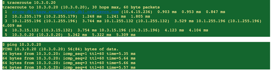 A screenshot of the code for OCI spoke VM to Azure spoke VM ping and traceroute tests.