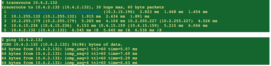 A screenshot of the code for Azure spoke VM to OCI spoke VM ping and traceroute tests.