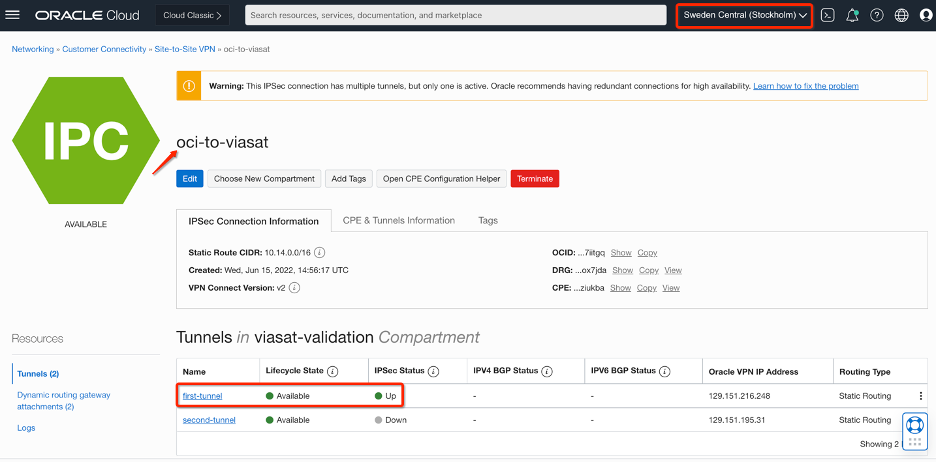 A screenshot of the details page for the site-to-site VPN with a red arrow pointing to the name and the first tunnel and its status outlined in red.