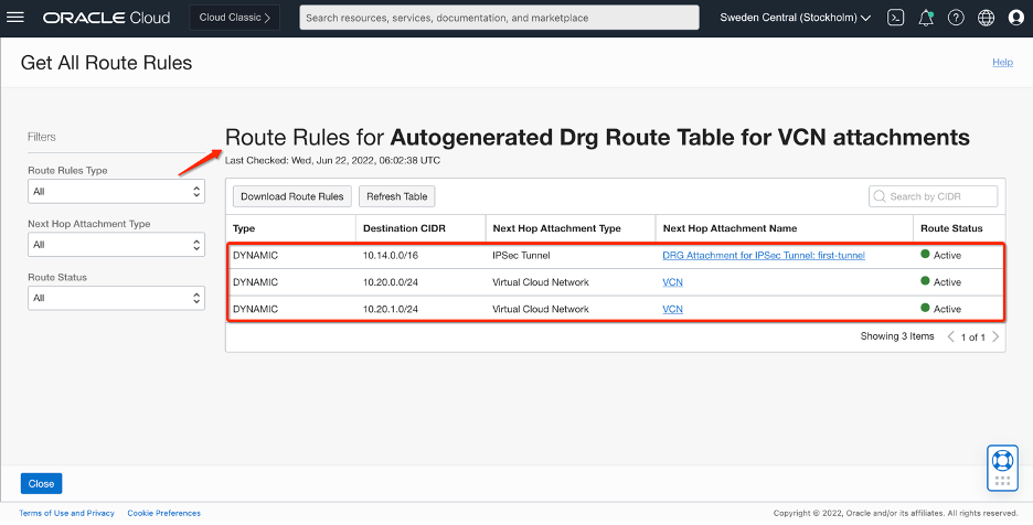 A screenshot of the Get All Route Rules page with the route ruled outlined in red.