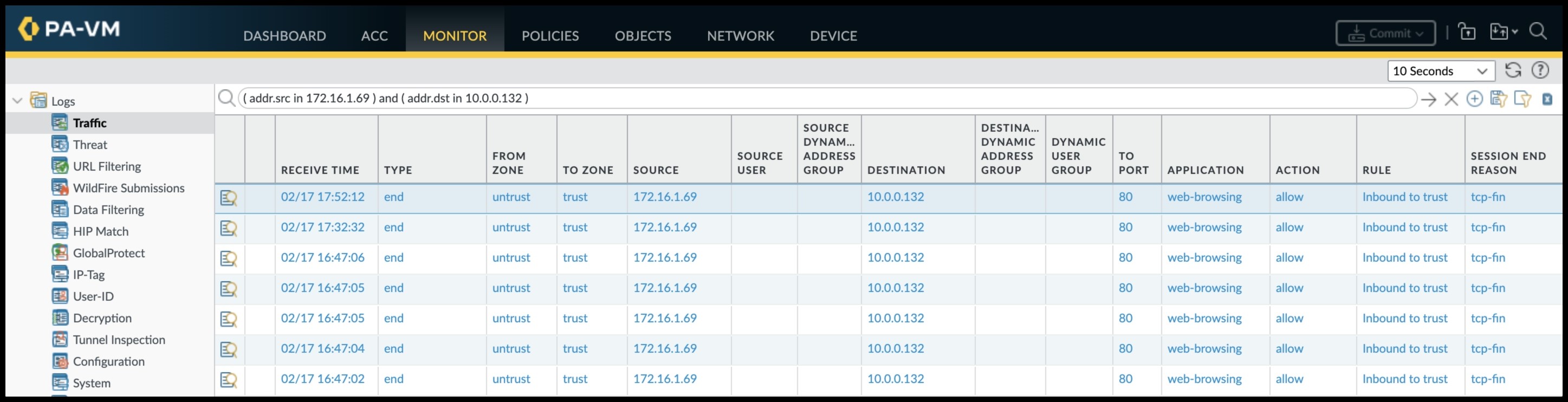 A screenshot of the traffic flow on the Palo Alto Networks VM.