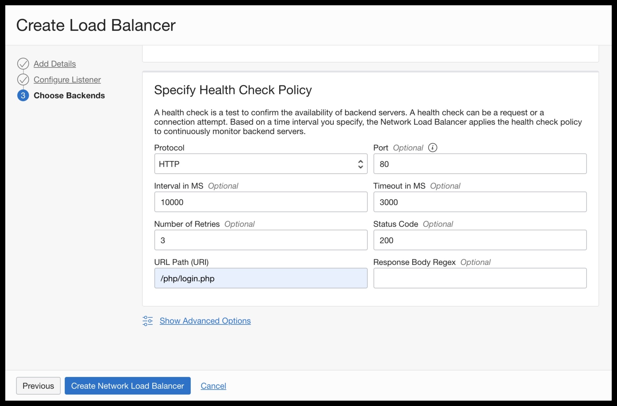 A screenshot of the Specify Health Check Policy page in the load balancer creation section of the Console.