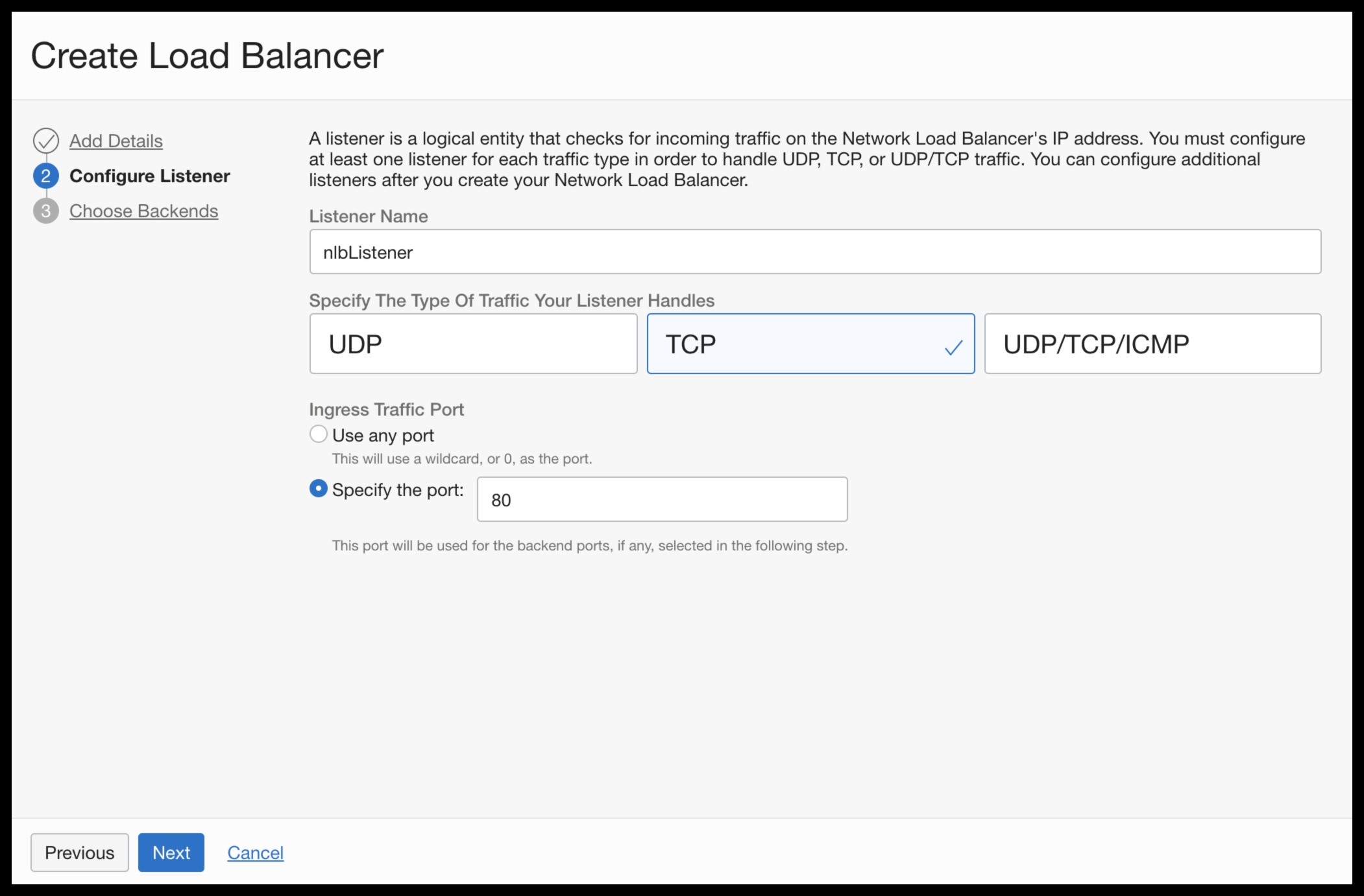 A screenshot of the Create Load Balancer page on the Configure Listener tab.