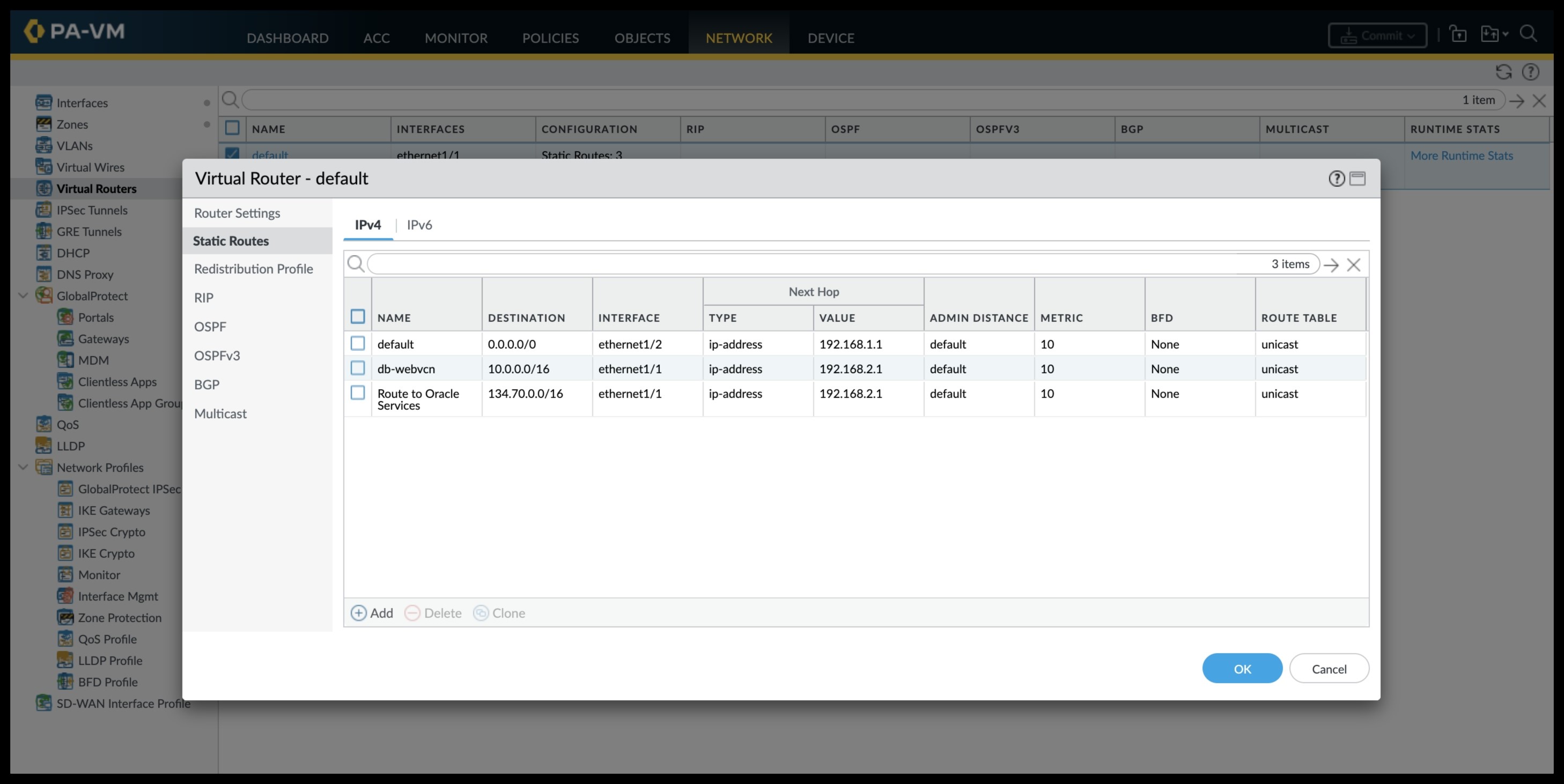 A screenshot of the default virtual router in PA-VM.