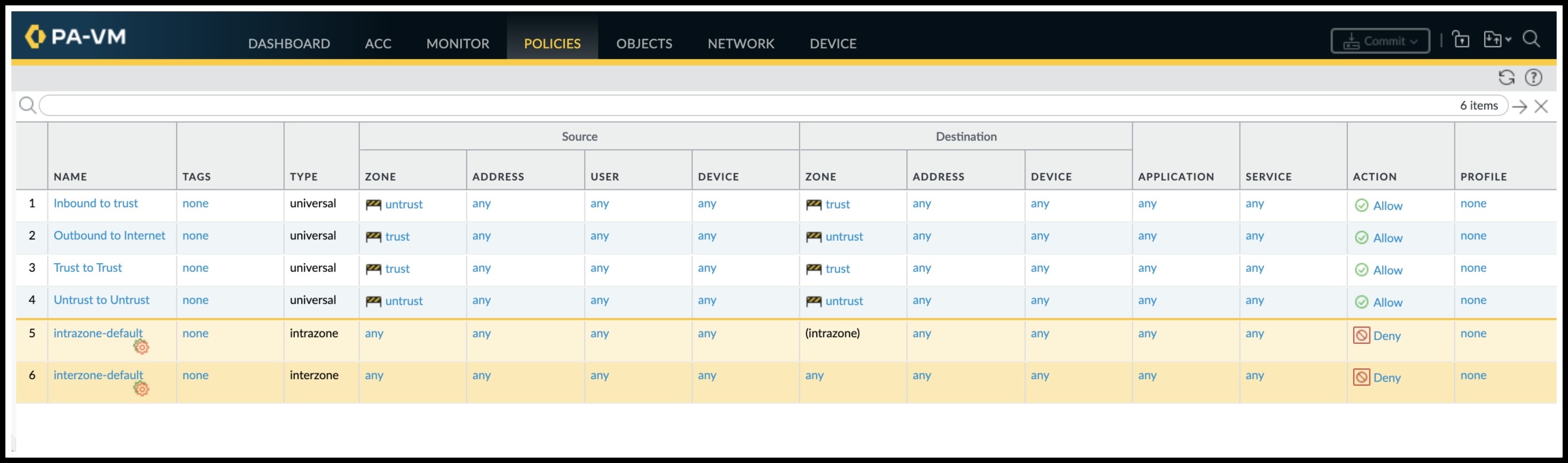 A screenshot of active security policies in PA-VM.