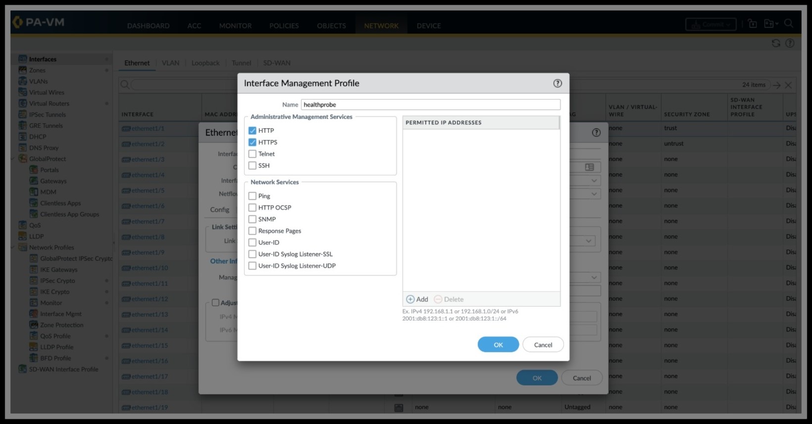 A screenshot of the Interface Management Profile window in the PA-VM console.