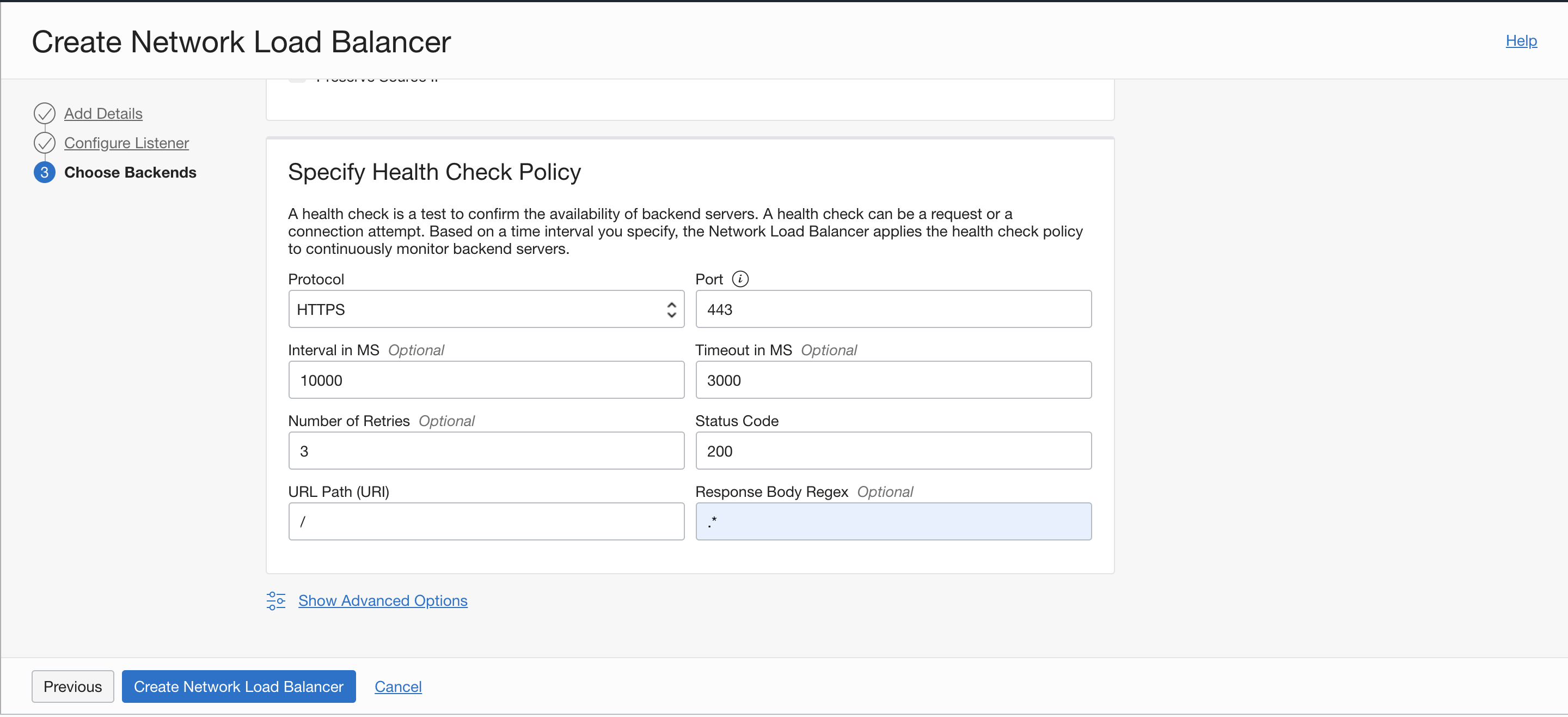 A screenshot of the Create Network Load Balancer page, showing the Specify Health Check Policy section.
