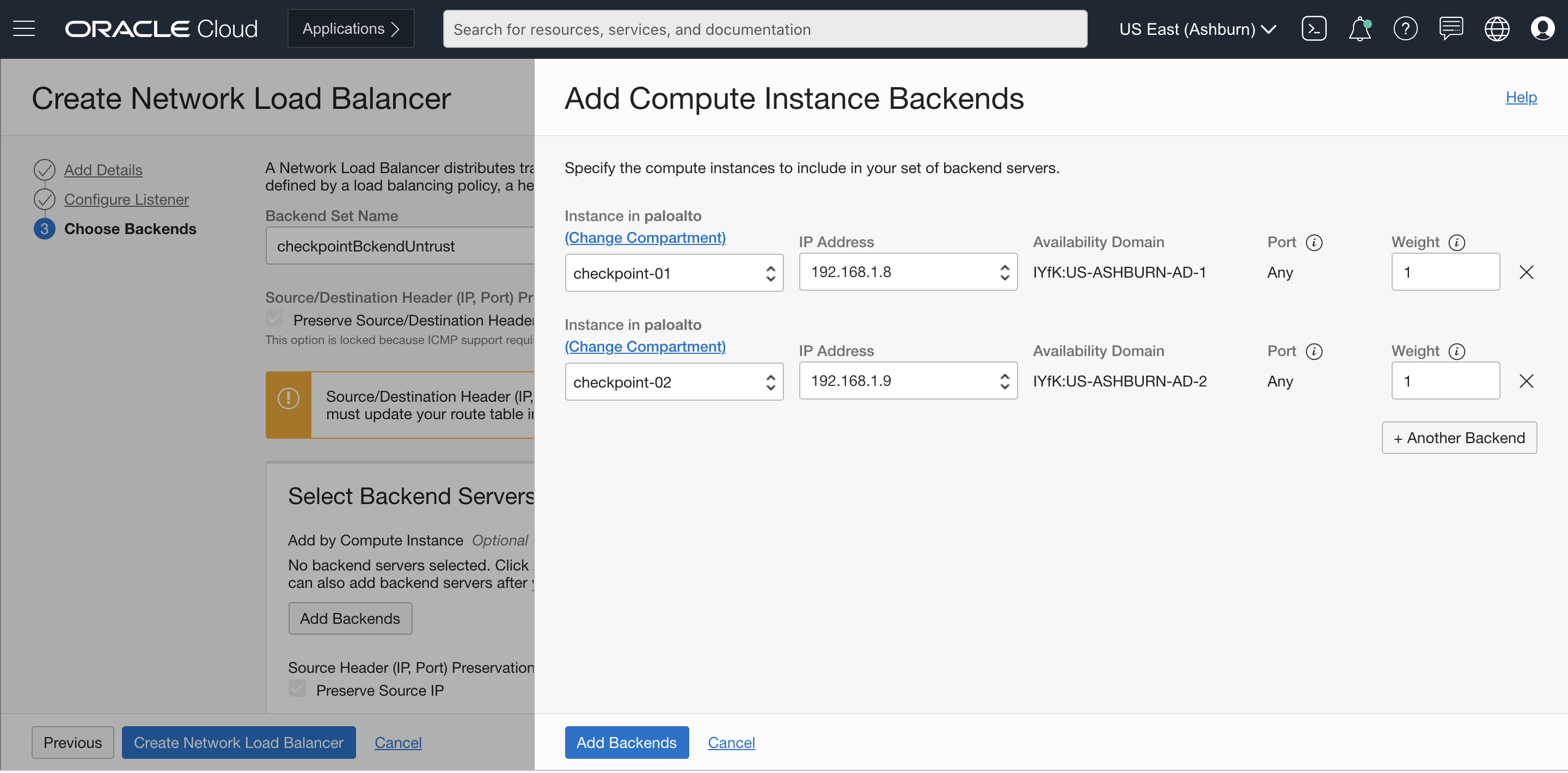 A screenshot of the Add Compute Instance Backends window over the Choose Backends tab in the Console.