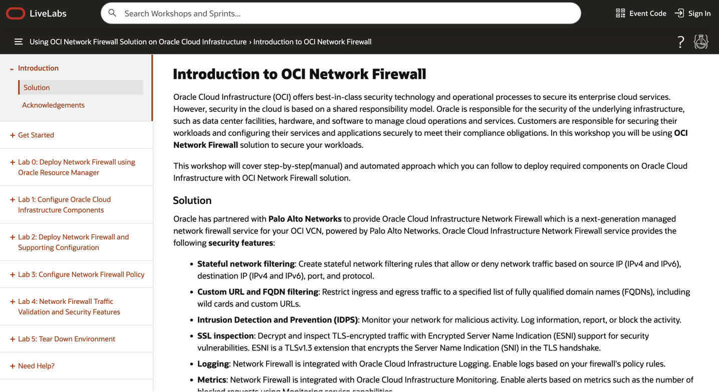 A screenshot of the introduction page for OCI Network Firewall.